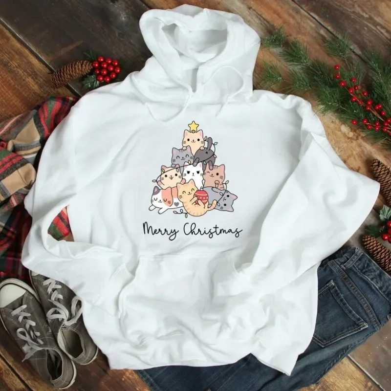 猫のクリスマスツリーパーカー、かわいい猫好きへのギフト、面白い猫ママスウェットシャツ、ニャーっとするクリスマスホリデーアパレルジャンパートップス