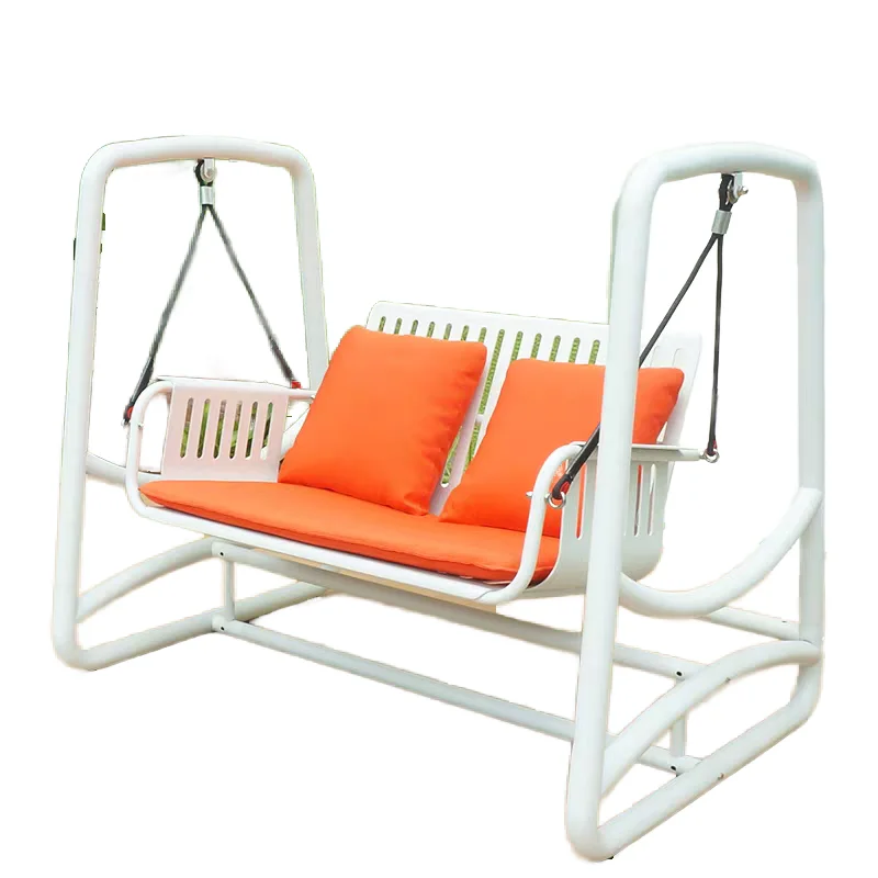 2-Seater white metal outdoor swing chair, orange upholstered patio hanging chair, suitable for garden balconies