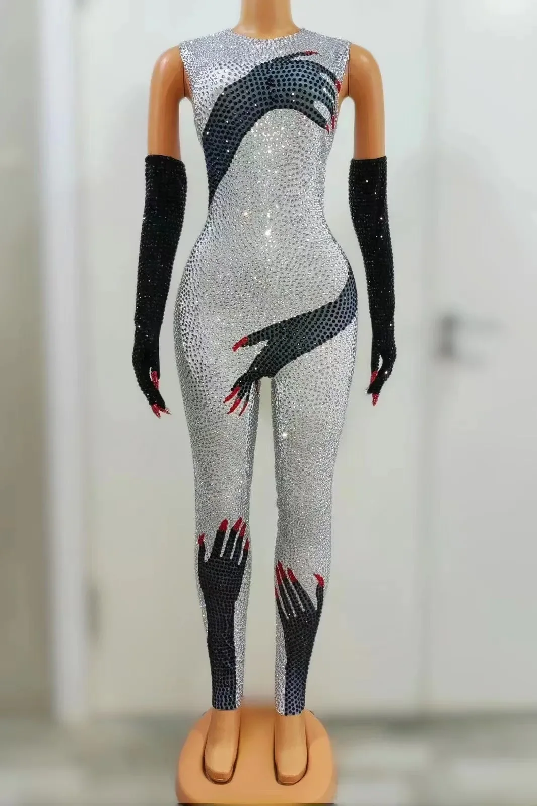 Show Girl Outfit   Luxurious Rhinestones Jumpsuit Gloves Set Women Evening Party Birthday Outfit Singer Dancer Performance Dance