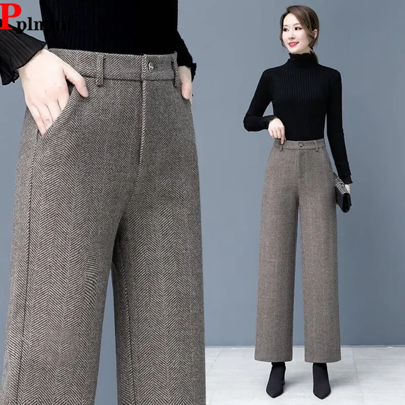 

Women Woolen Loose Wide Leg Pants Korean High Waist Baggy Solid Wool Blend Pantalones Fall Winter New Straight Calcas Feminina