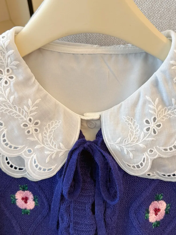 Colete longo de malha Sve bordado com cinto Design auto-preservador Gola feminina Conjunto de duas peças Design original Straigh...