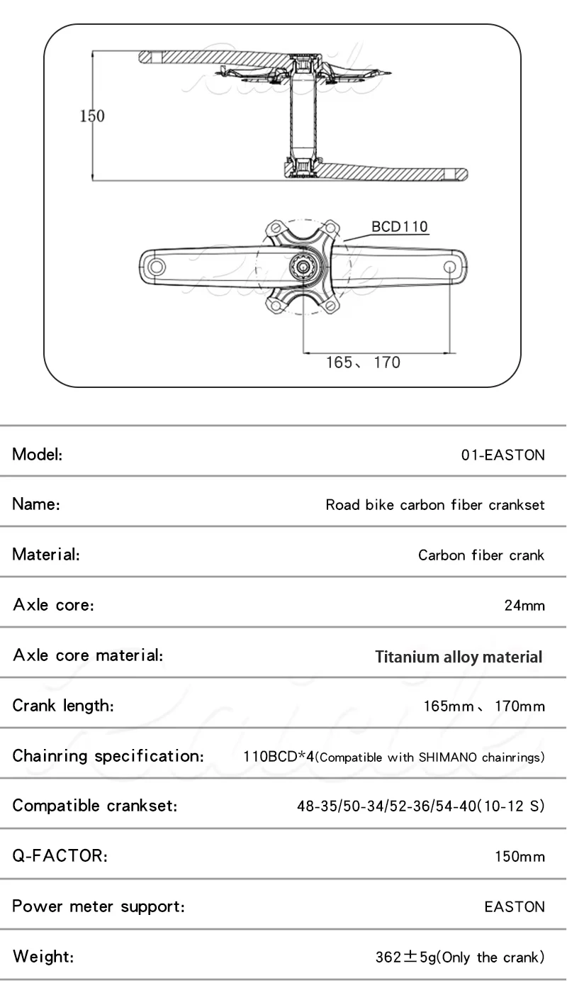 RPANTAHI Rennrad Carbon-Kurbelgarnitur mit 24 mm Titanachse und Ultraleichtem Carbon-Faser BCD 110 Spider EASTON – Detail 3
