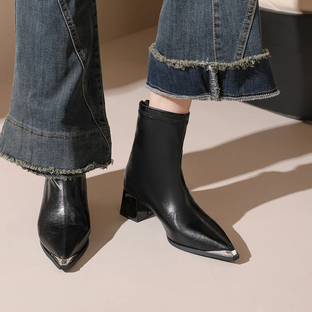 

Винтажные женские ботильоны на толстом каблуке с металлическим острым носком, удобная обувь на меховой подкладке, осенне-зимние женские эластичные тонкие короткие ботильоны