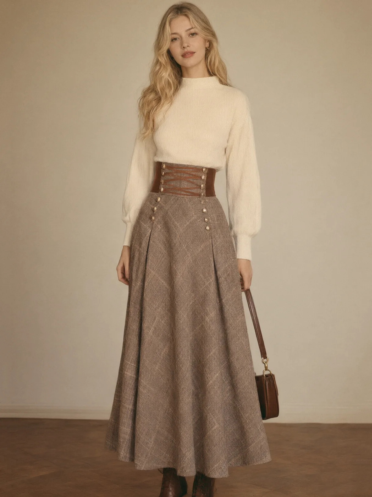 Elegant High Waist Plaid Skirt Long Midi Skirt Office Lady Business Casual A Line Button Detail Vintage Checkered Skirt Fashion