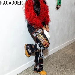 FAGADOER Fashion Embroidery Pattern Elasticity Denim Pants Women High Waisted Button Skinny Jean Trousers Casual Cowboy Bottoms