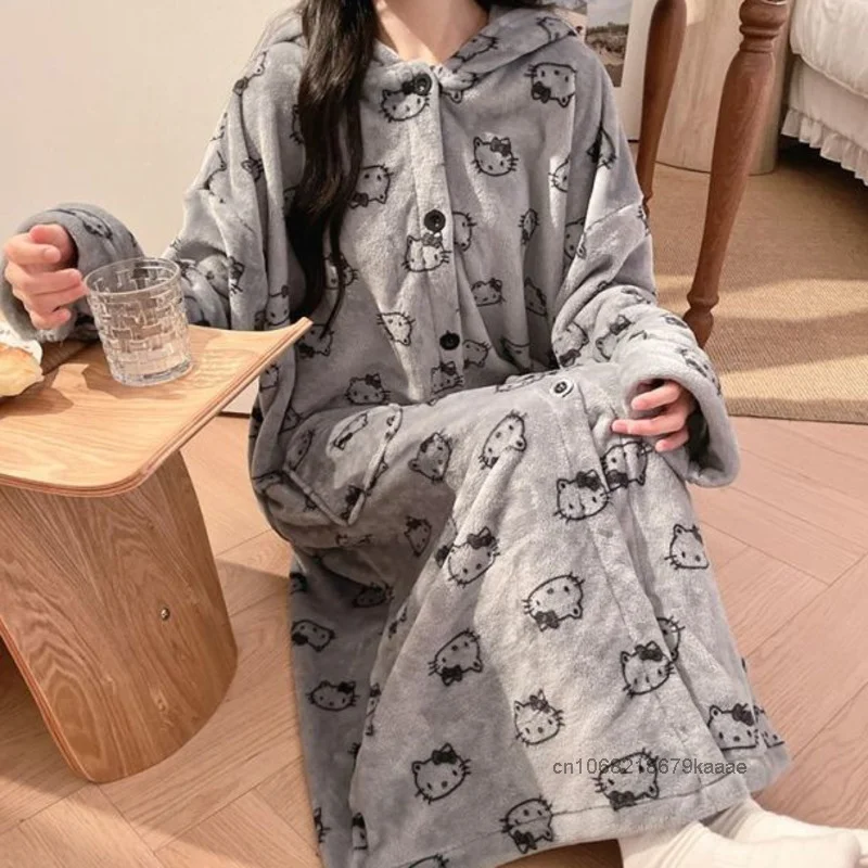 Hello Kitty Women Autumn Winter Hooded Nightgown Flannel Thick Warm Loose Cartoon Pajamas Japanese Style Cute Printed Nightrobe