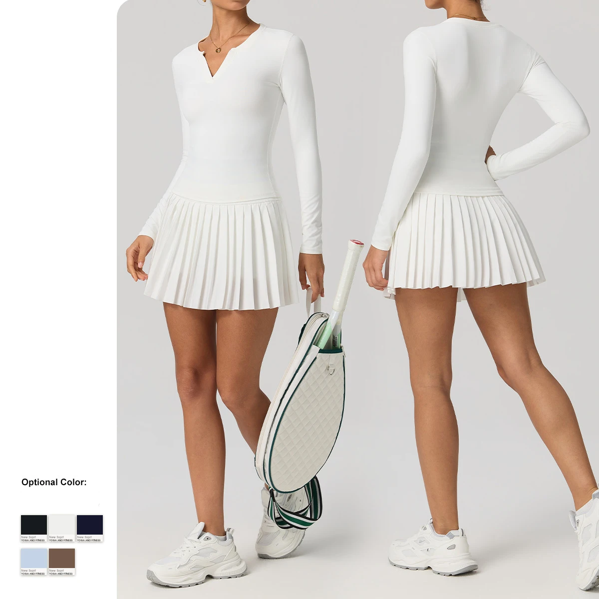 Womens Long Sleeved Nude Slimming Yoga Suit Pleated Skirt Contrasting Short Skirt Tennis Suit Golf Sports Skirt Fitness T-shirts