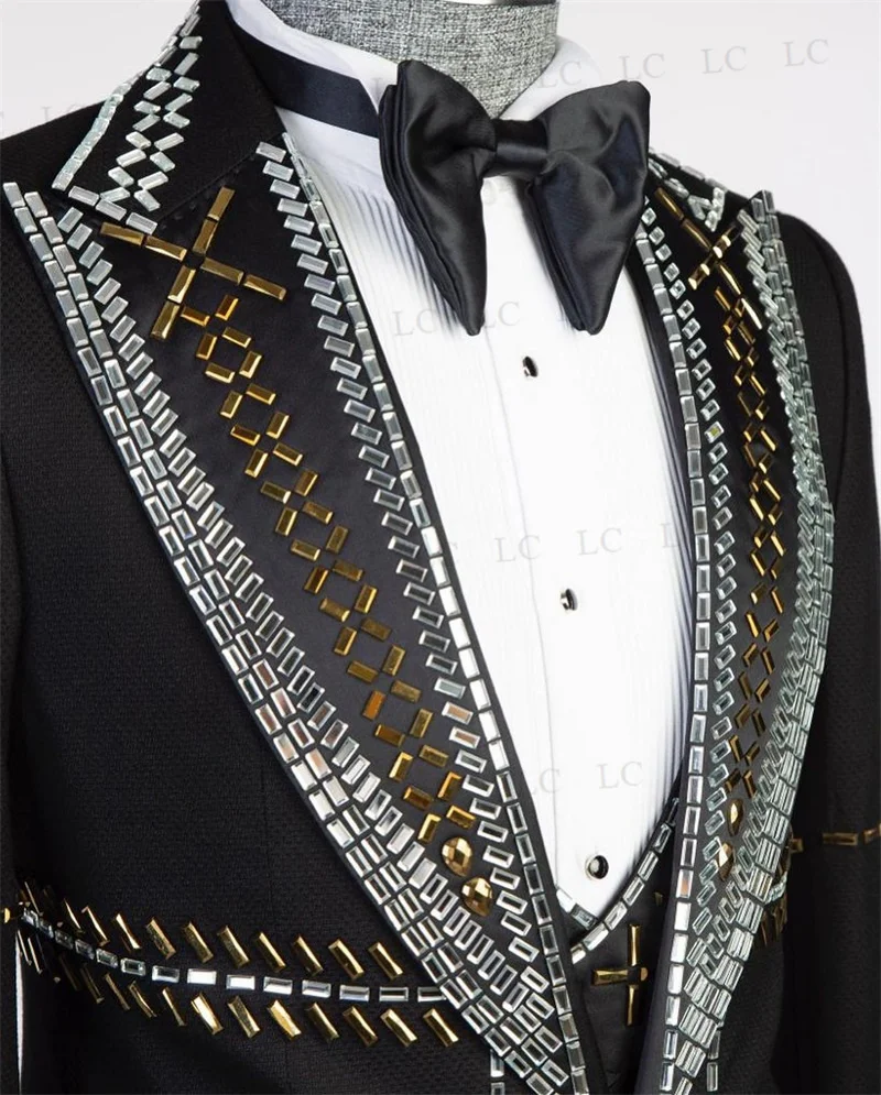 Sparkly 3 Pieces Blazer Vest Pants One Button Beadings Men Suits Tuxedo Fashion Party Wear Prom Wedding Groom Plus Size Custom