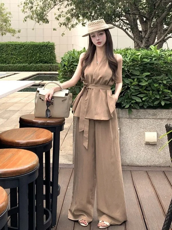 เอเล่เอวสูงคาดเข็มขัดสเวลชุดสตรีกางเกงขายาวคอวีแฟชั่นเกาหลีสลีชุดฤดูร้อนชุดสูทสองชิ้น