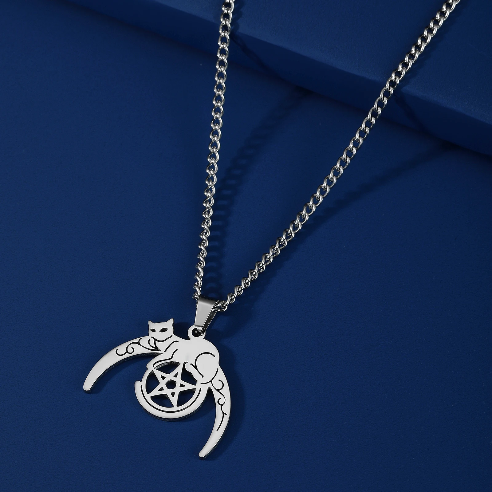 Cat on Crescent Moon Necklace Stainless Steel Pentagram Mysterious Kitten Pendant Supernatural Exclusive Jewelry Gift Trendy New