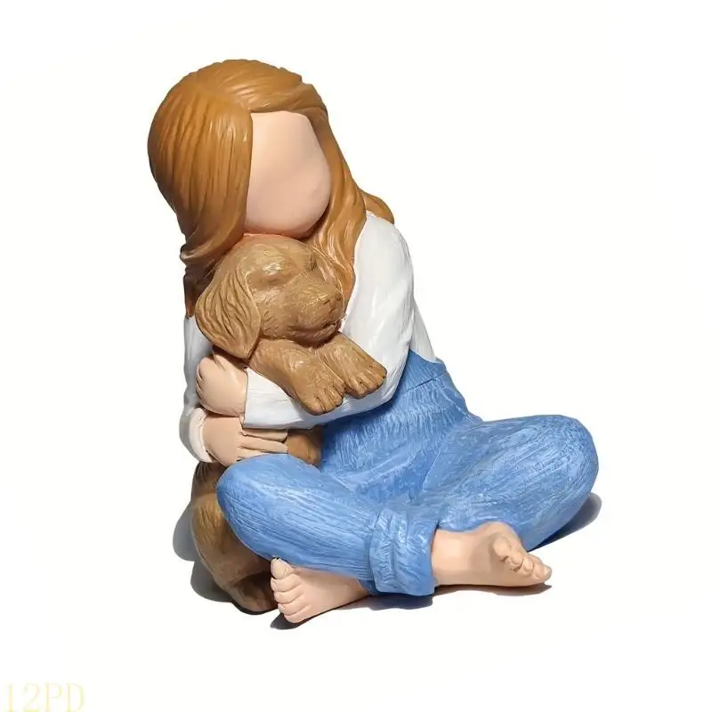 12PD Lovely Little Girl Embraces Puppies Figurine Resin Sculpture Loss of Pet Sympathy Gift for Indoor Home Office Decorations