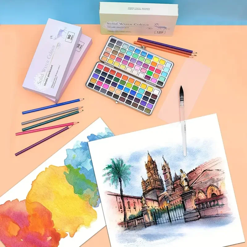 Deluxe 50/100/168-Color Watercolor Paint Set with Brushes & Pencils - Washable, Vibrant Art Supplies for Adults view 5