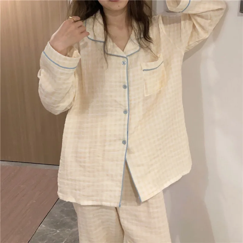 

Japanese Style Ins Simple Color Block Pure Cotton Sleepwear Women's Spring Autumn Long Sleeve Home Clothes Set Outdoor ...