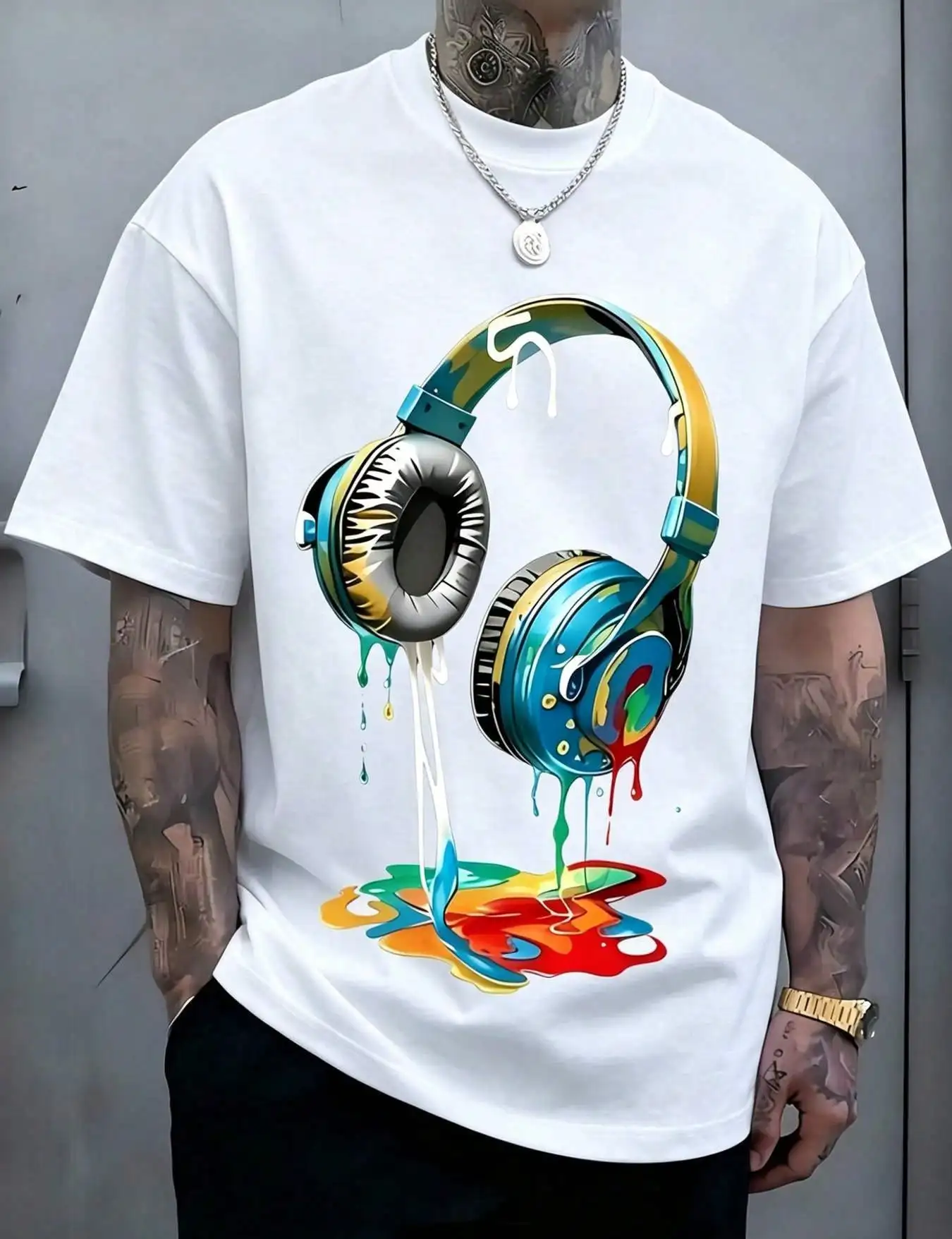 1pc Man' Colorful Headphone Paint Print Black TShirt Crew Neck Casual Cotton Tee Medium Stretch Knit Fabric Regular Fit For Boys Man Perfect