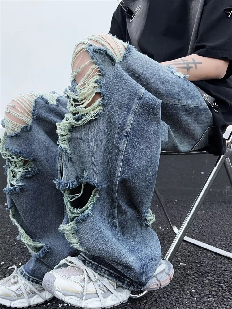 

Women's Vibe Hole Distressed High Waisted Jeans Summer Personalized Trousers Cool Girl Casual Bottoms Female Summer Street Pants
