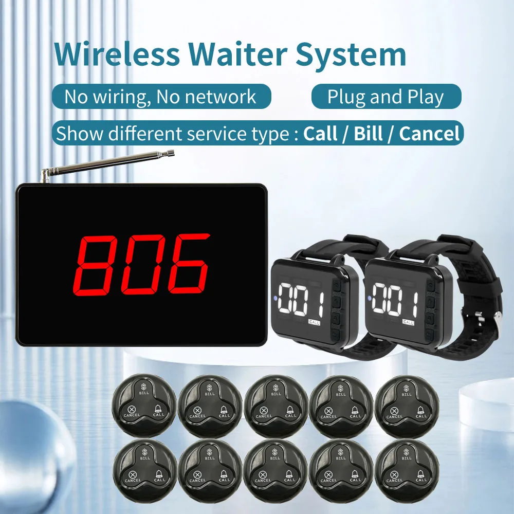 Wireless Service Waiter Remote Call Bell System Restaurant Call Guest System Cafe 2 Watch Receiver+10 Call Button +Display