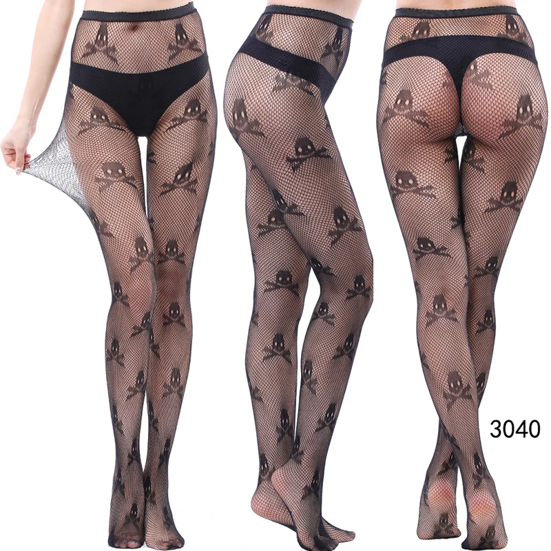 Stockings Lolita Tights Fishnets Women Mesh Pantyhose Sexy Lingerie With Print Erotic Long Cutout Female Black Skull Goth Nylon