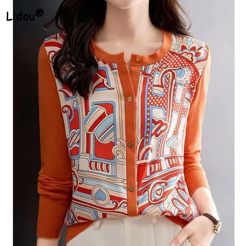 Fashionable Korean Spring Autumn Geometric Printing Loose Sweater Crew Neck Splicing Button Long Sleeve Cardigan Knitted Tops