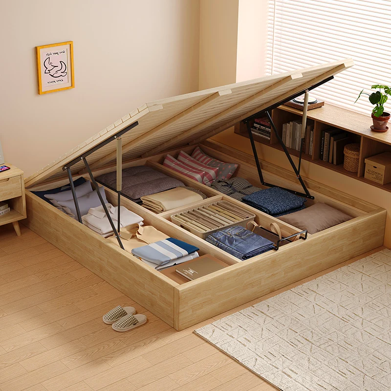 Tatami solid wood bed ribs without bedside air pressure high box floor storage bed small apartment floor bed