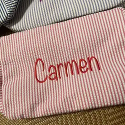 Personalized Seersucker Cosmetic Bag, Monogrammed Toiletry Bag, Embroidered Make Up Bag,Bridesmaid Makeup Bag, Bridesmaid Gift