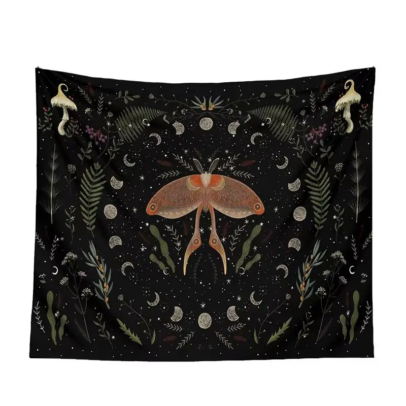 VIKAMA Witchy Moth Tapestry Moon Phase Forest Mushroom Fern Celestial Wall Hanging Dark Nature Bedroom Dorm Wall Decor