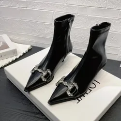 Crystal Woman Pointed Toe Ankle Boots Elegant Leather Shoes 2024 Trend New Designer Dress Stilettos Botas Punk Mujer Zapatillas