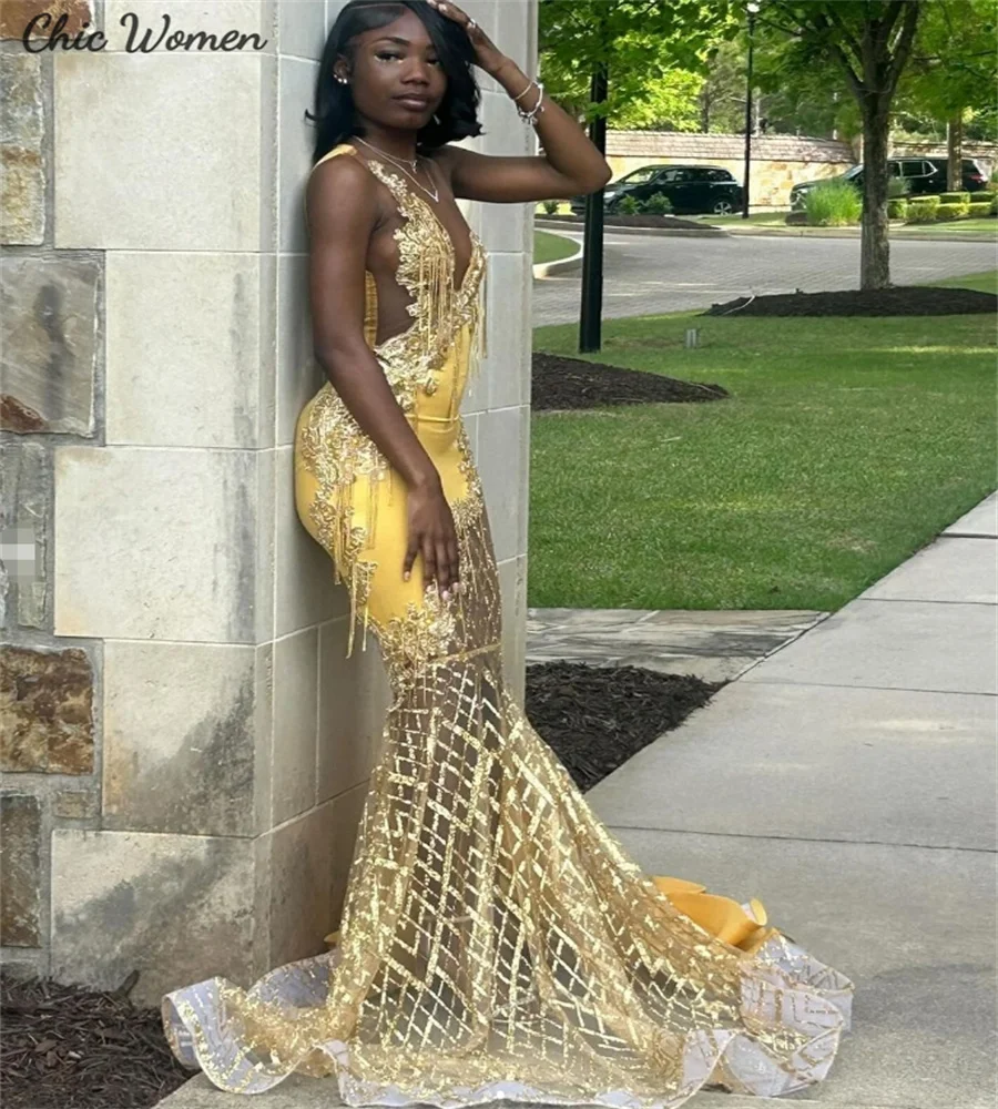 Luxury Gold Sequin Prom Dresses See Through Nigeria African Mermaid Evening Gowns Applique Lace Formal Birthday Gown Customized