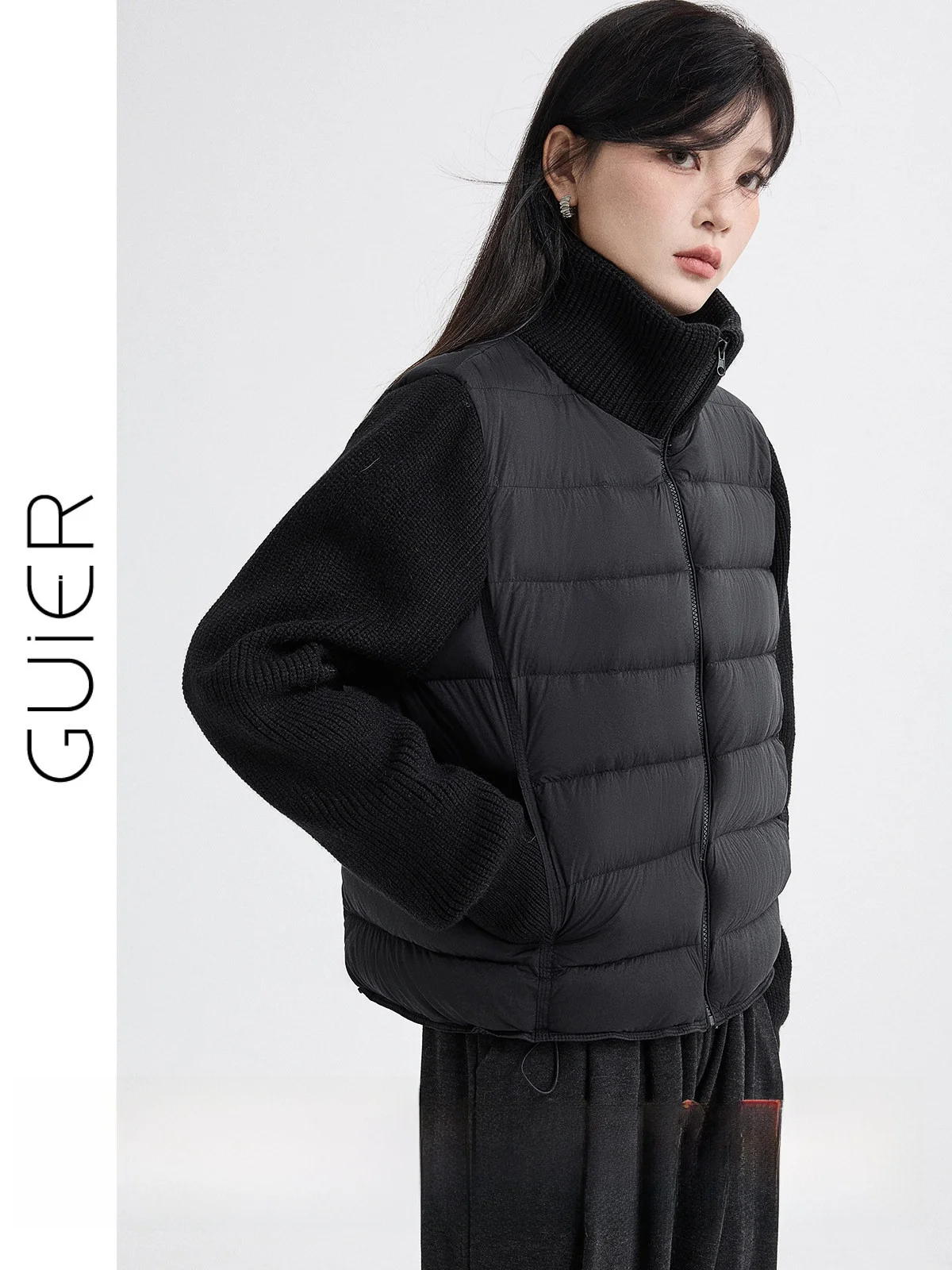 

Black Faux Two-Piece down Jacket Women's Winter Warm Knitted Patchwork Coat White Duck down Casual Style Regular Fit Zipper C...