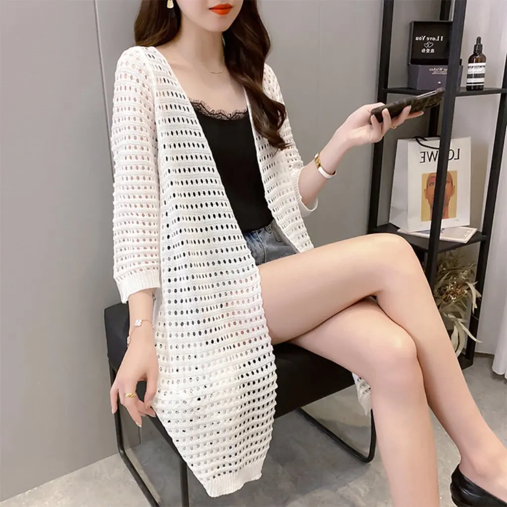 

Women's Summer V-neck Cardigan Mid-Length Loose Thin Knitwear Sun Protection Shawl Jacket Hollow out Outerwear