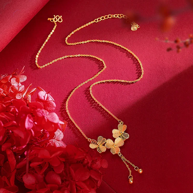 9999 Real Gold 24K Premium Wedding Bridal Flower Necklace Spring Clover Flower Collarbone Necklace