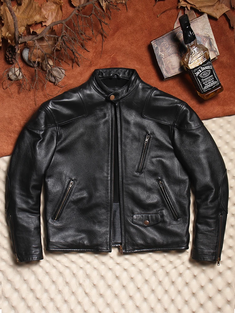 

Heavyweight Vm Motorcycle Slim Fit Jaet Hair Top Layer Cowhide Unpainted Leather Coat Autumn Winter Men's Genuine Leathe...
