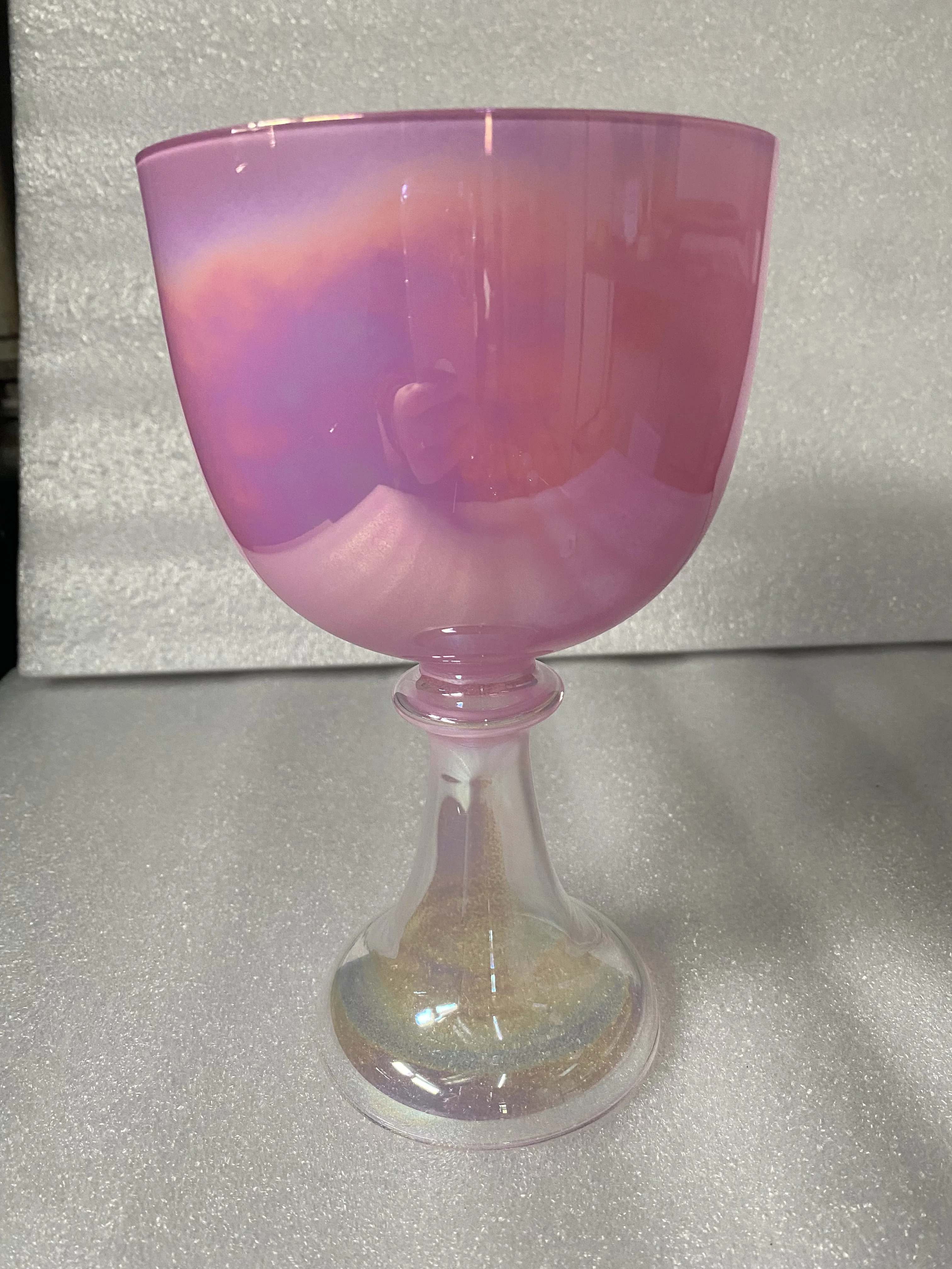 

Crystal singing chalice pink pastel cosmic color,handle clear magic 4th octave A note 432Hz