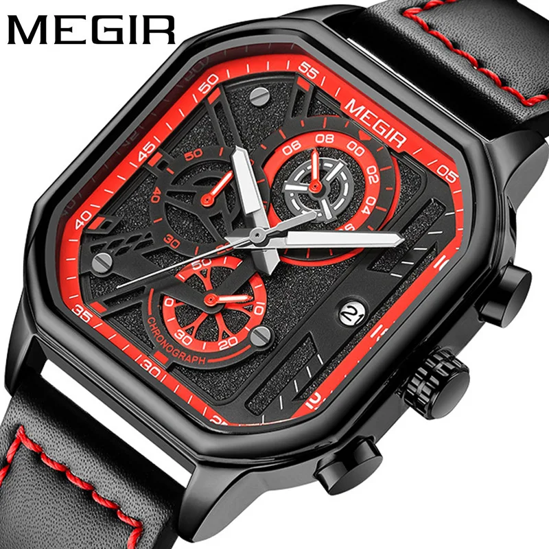 

MEGIR Quartz Watch Men Sport Chronograph Analog Quartz Wristwatch With Square Dial Leather Strap Date Мужские кварцевые часы
