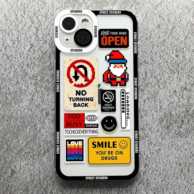 Street Fashion Stickers Phone Case For iPhone 16 15 14 13 12 11 Pro Max Mini XR XS X 7 8 Plus Transparent Shockproof Soft Cover