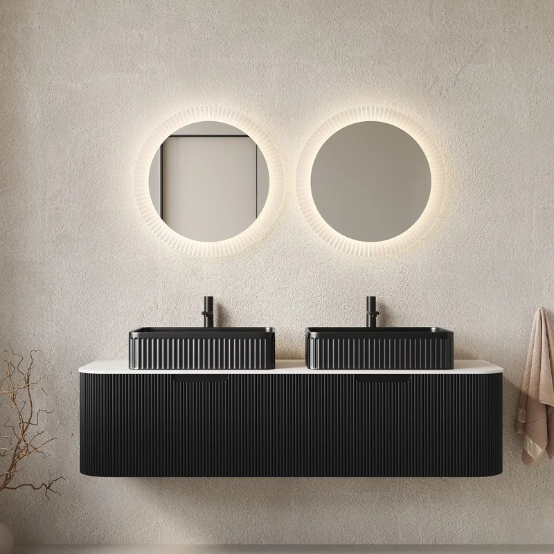 

60" Floating Bathroom Vanity with 2 Drawers, Black Ceramic Basins & Carrara White Sintered Stone Countertop