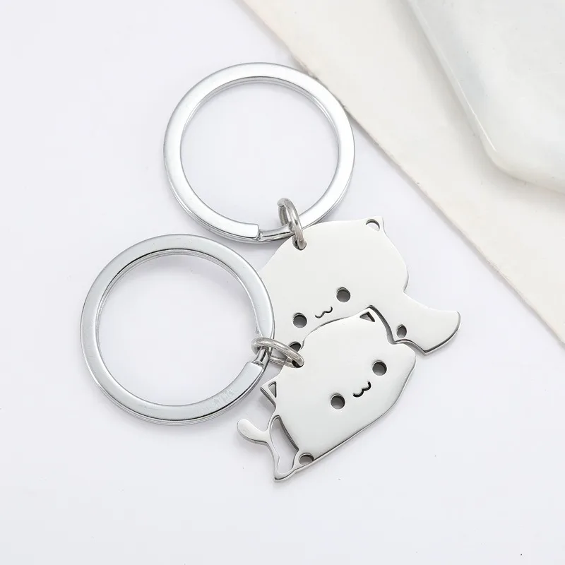 Cartoon Cute Cat Keychain for Couple Lovers Stainless Steel Matching Car Key Keyring Lovely Pendant Valentine Day Gift Jewelry