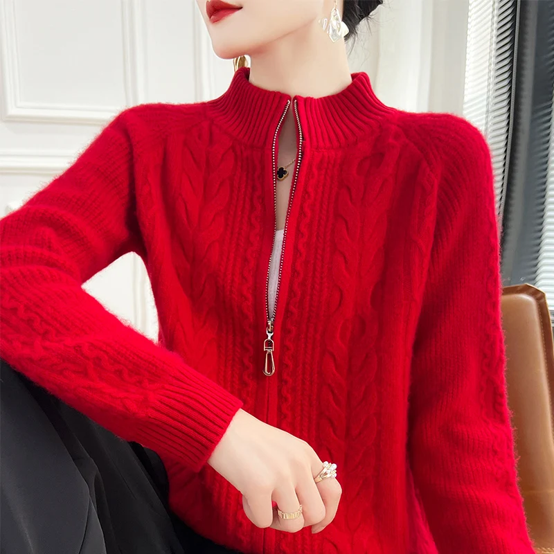 

100% merino wool cardigan New cashmere sweater in autumn and winter women's semi-high neck cardigan warm knit bottoming coat