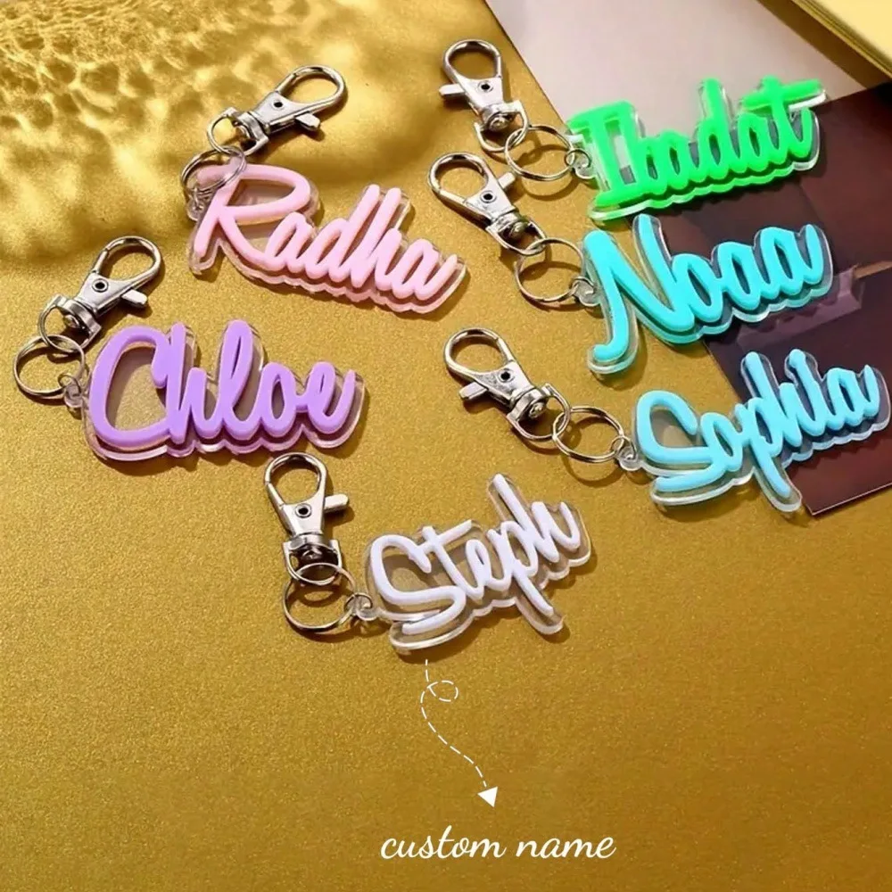 

Fashion Fluorescent Color Customized Acrylic Name Keychain Transparent Label Personalized Nameplate Backpack Box Bag Keyring