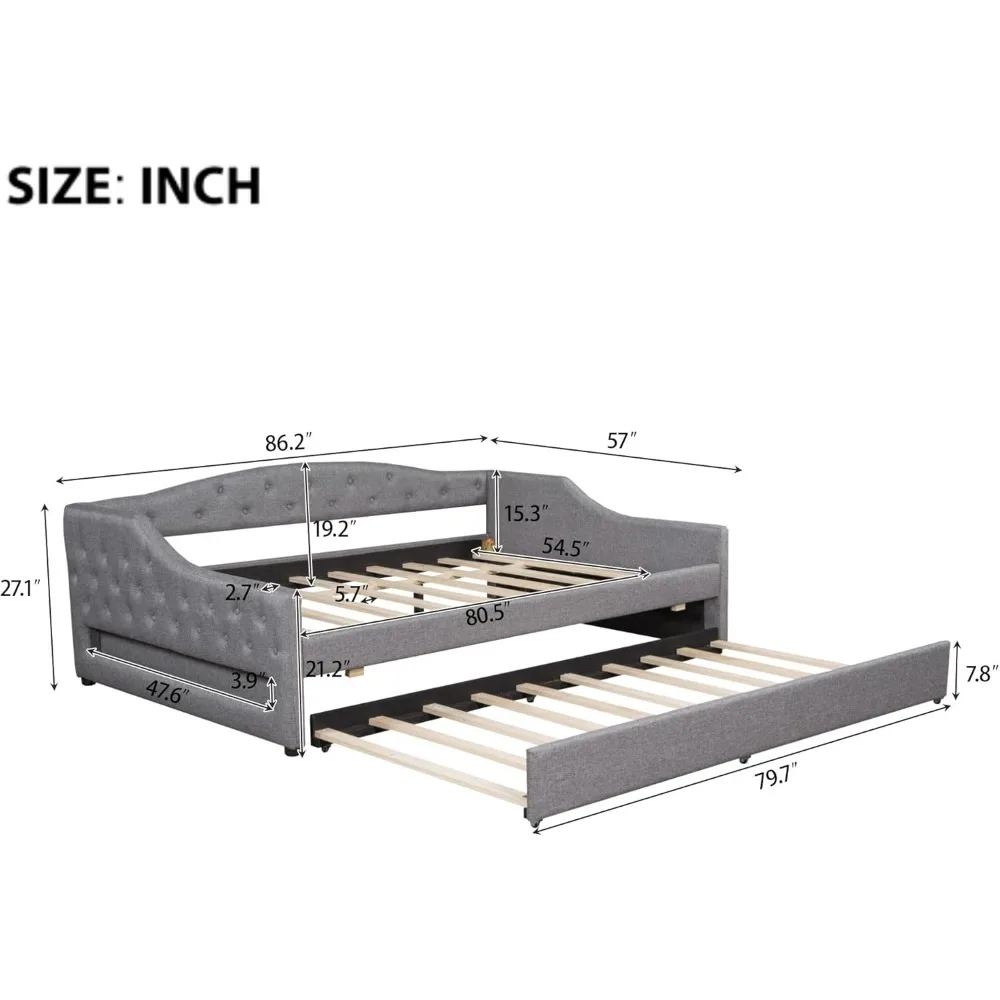 سرير نهاري XL مع إضاءة LED، إطار سرير نهاري مغطى بالكتان مع شرائح من الخشب الصلب لسكن الضيوف #2