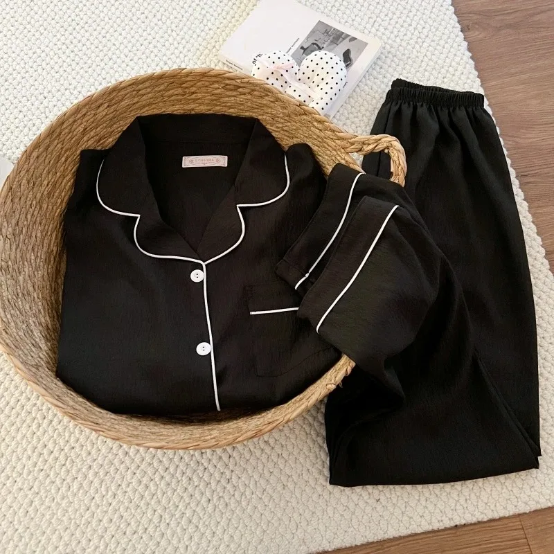 Übergrößen Damen Einfarbiger Lässiger Pyjama-Set Einfache Langarm-Schlafanzüge mit Knopfleiste Frühling Reverskragen Weicher Zweiteiliger Loungewear – Detail 1