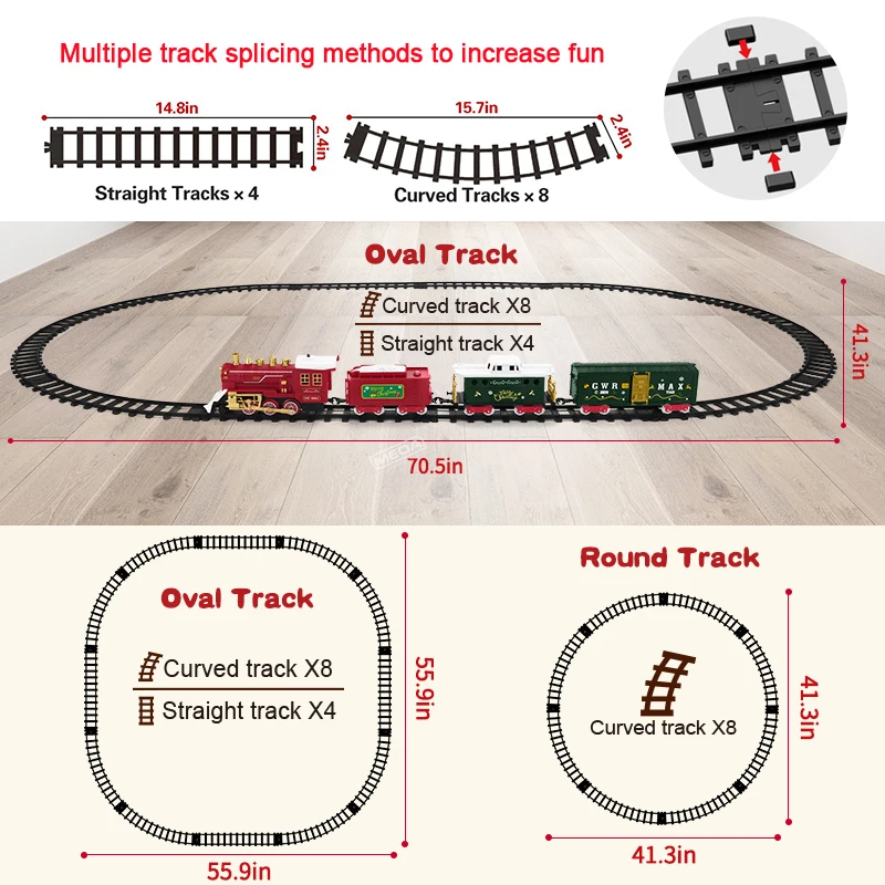 B/O Juego de tren eléctrico navideño para alrededor del árbol con motor de locomotora de vapor con luz y sonido, juguetes de pistas ferrocarriles ﻿