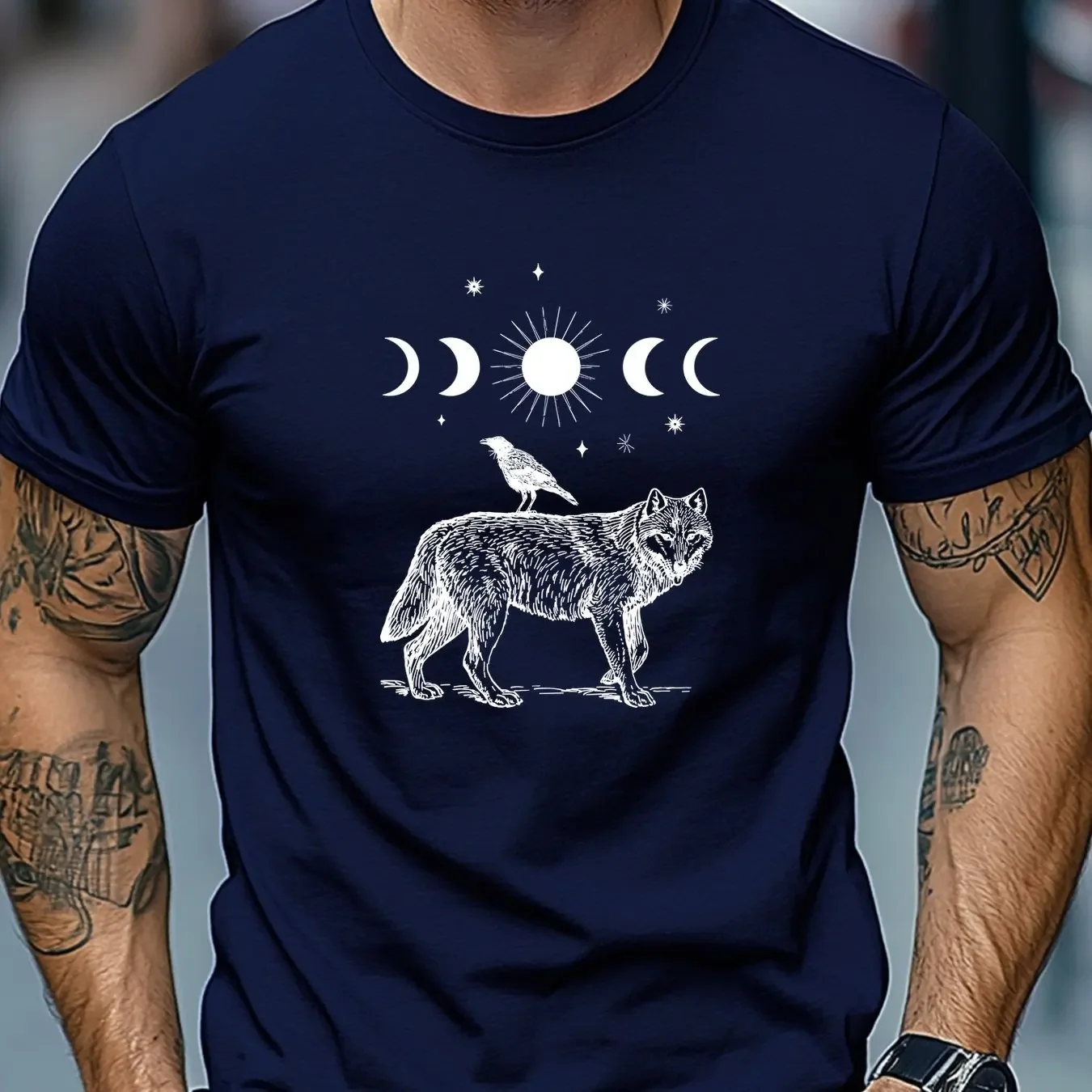 100% Pure Cotton Summer Men's and Women's Short-Sleeved T-Shirt with Wolf and Crow Patterns, Comfortable and Versatile