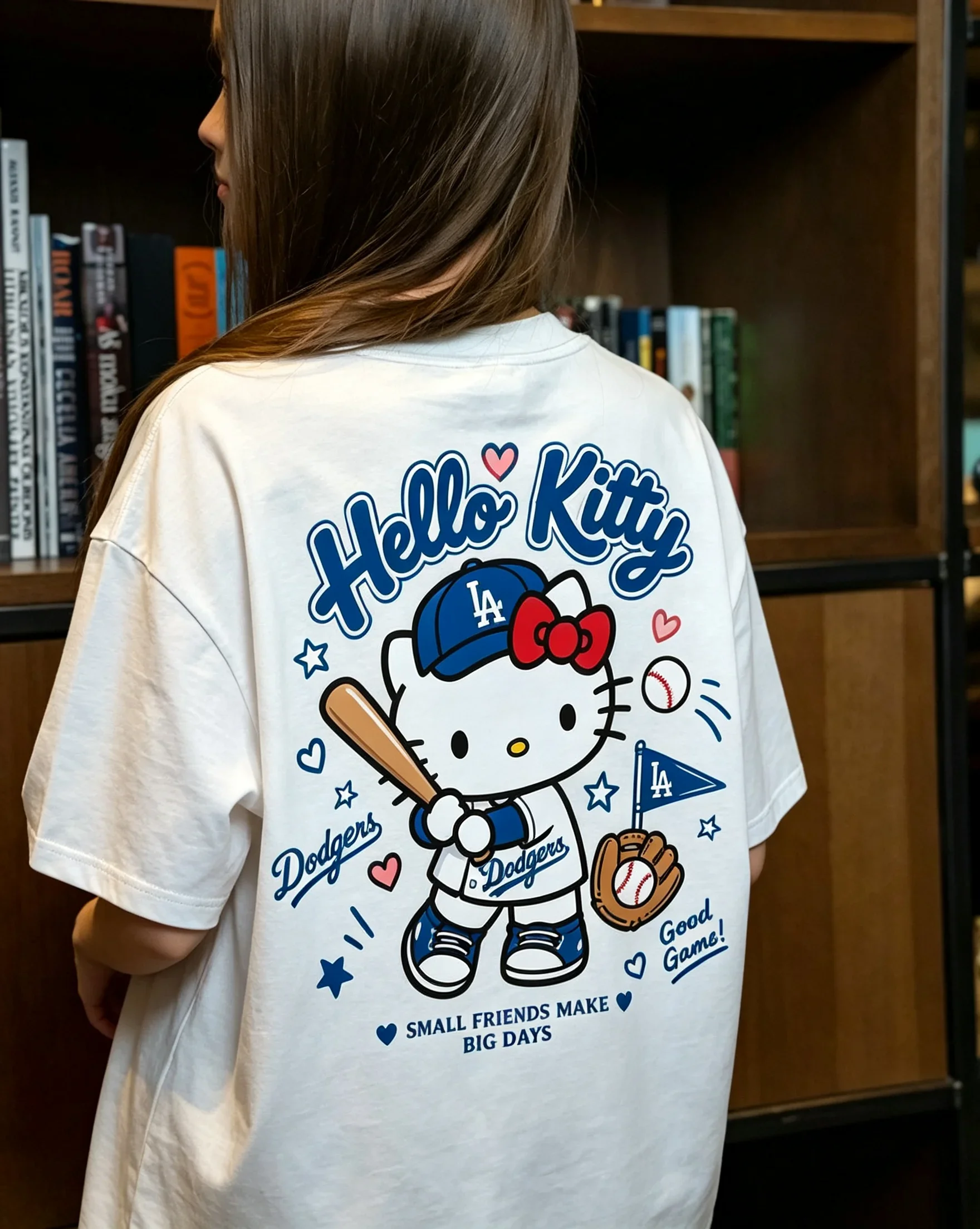 White T Shirt Sanrio Hello Kitty Dodgers Baseball Good Games Parent Child Kawaii Cute Print Men's Women's Sporty Streetwear Top