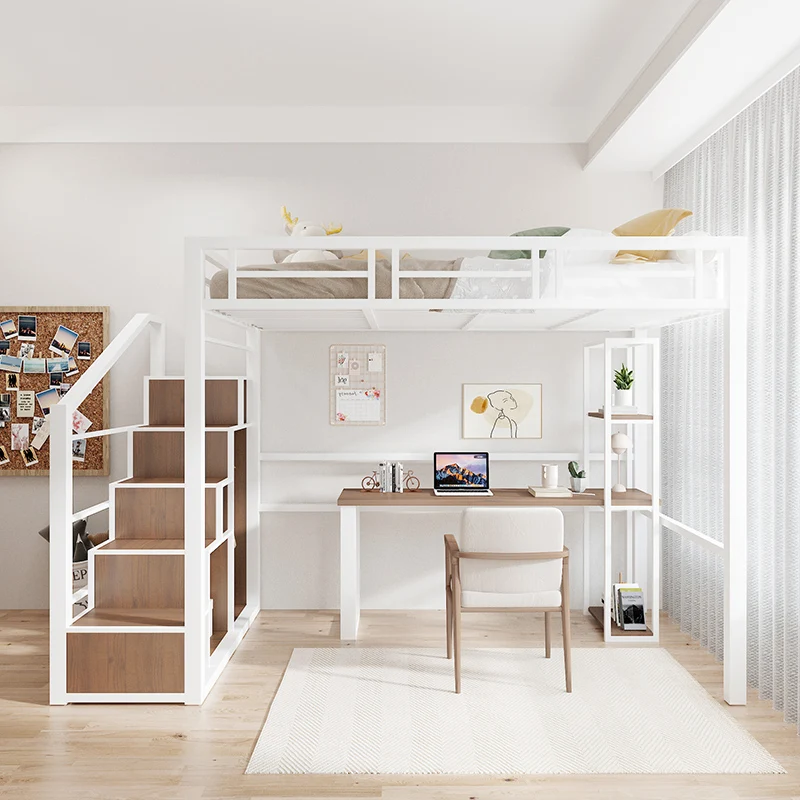 Loft bed single duplex second floor bed elevated wrought iron children's home bold thickened bed empty table combination