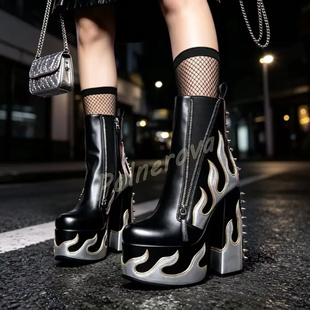 Silver Gold Flame Pattern Studded Boots Women Punk Platform Black Leather Spikes Chunky Heel Shoes Rock Punk Gothic Winter Shoes