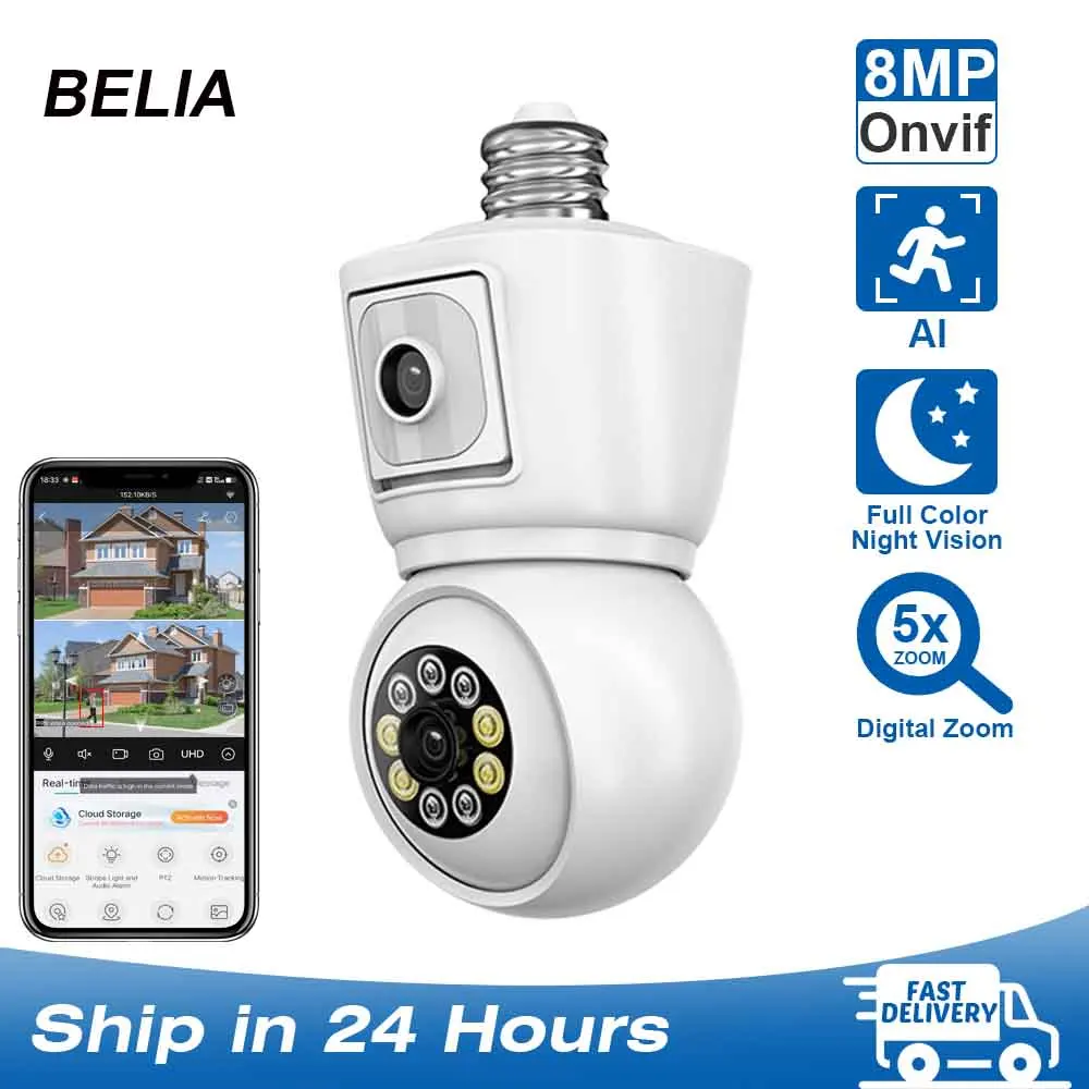 ICSEE 4K 8MP E27 Bulb WiFi Camera Dual Lens Dual Screen Auto Tracking Two Way Audio Color Night Vision 4MP Surveillance Camera