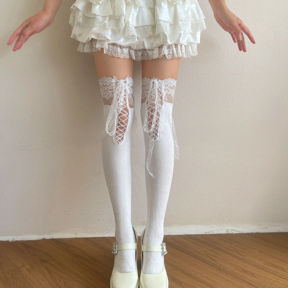 New Jacquard Ballet Style Lace Tie Cotton Socks Sexy Sweet Girl Ins Splicing Over Knee Socks Lolita Jk Daily Dating Calf Socks