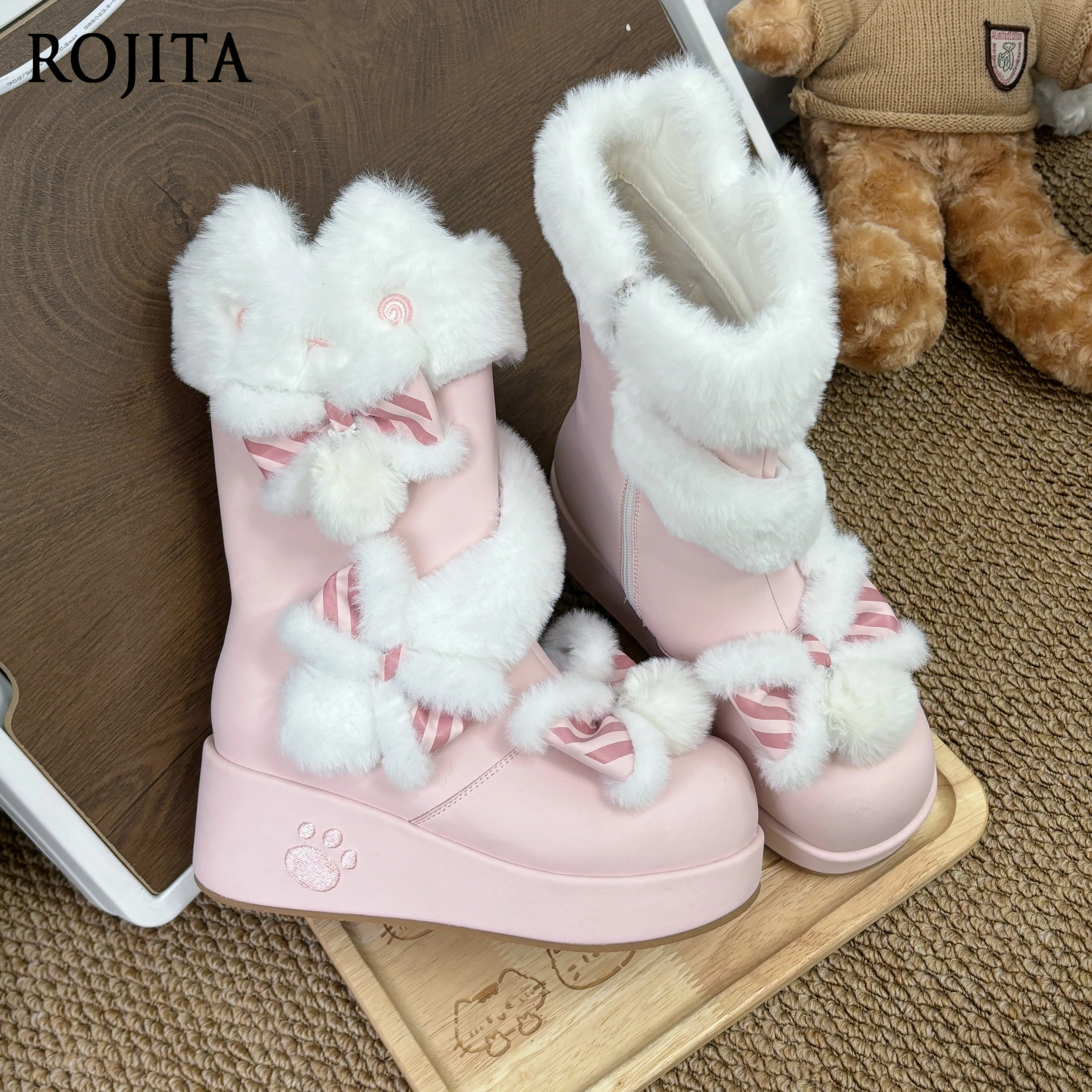 Plush Rabbit Head Winter Snow Boots Pink Striped Bow Pom Pom Fleece Lined Embroidery Paw Platform Sweet Lolita Mid Calf Boots