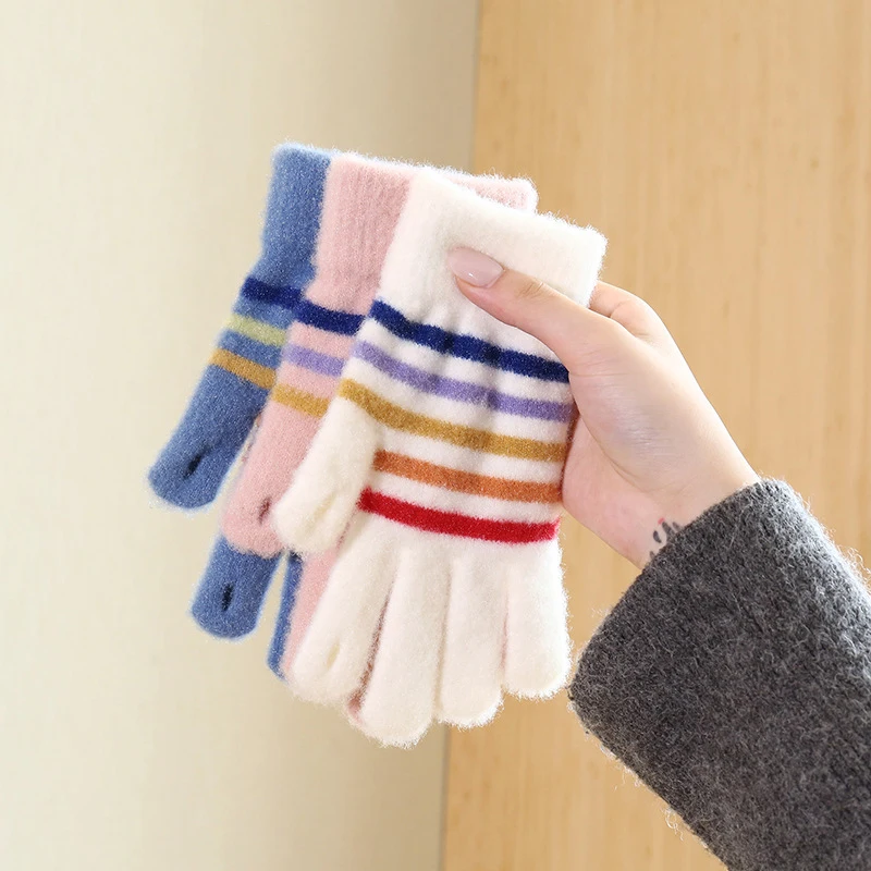 1Pair Cute Rainbow Striped Gloves Small Openings Fingers Winter Warm Touchscreen Gloves Unisex Students Riding Gloves Gifts