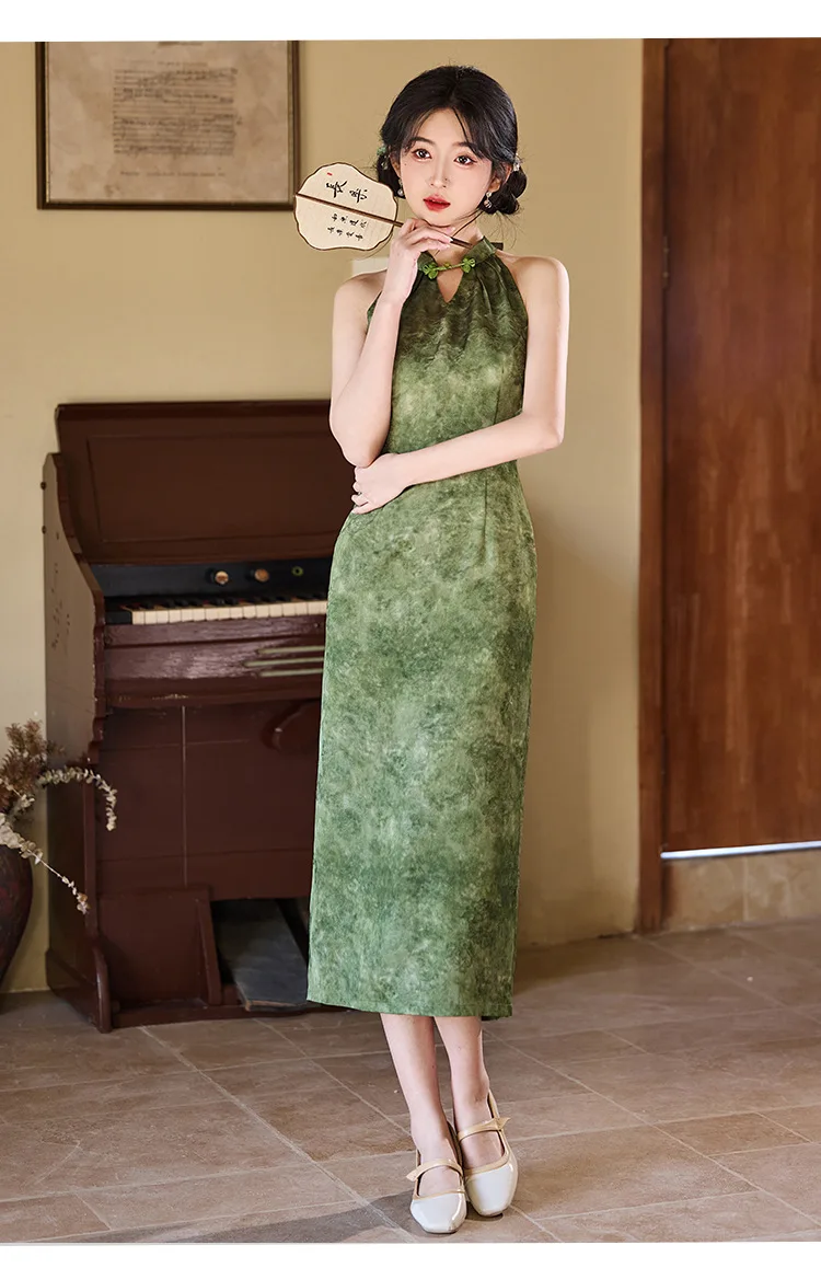 

Summer Sleeveless Off Shoulder Cheongsams Oriental Vintage Classical Women's Satin Qipao Chinese Dress